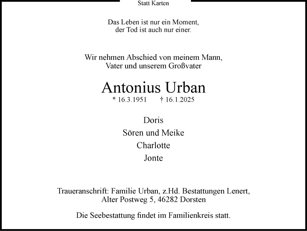  Traueranzeige für Antonius Urban vom 25.01.2025 aus Ruhr Nachrichten und Dorstener Zeitung