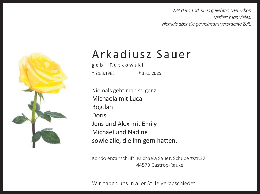  Traueranzeige für Arkadiusz Sauer vom 01.02.2025 aus Stadtanzeiger Castrop-Rauxel