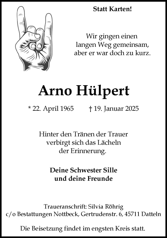 Traueranzeige von Arno Hülpert von Trauer Vest