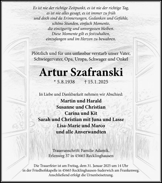 Traueranzeige von Artur Szafranski von Trauer Vest