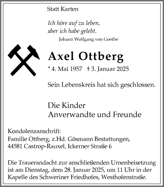 Traueranzeige von Axel Ottberg von Stadtanzeiger Castrop-Rauxel