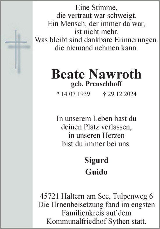 Traueranzeige von Beate Nawroth von Ruhr Nachrichten und Halterner Zeitung