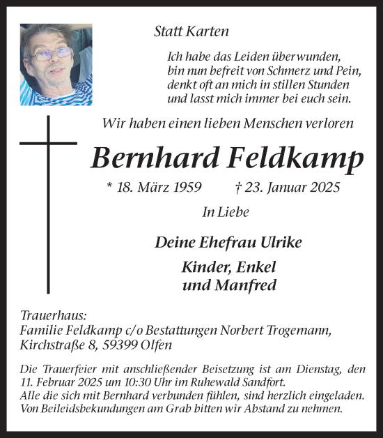 Traueranzeige von Bernhard Feldkamp von Ruhr Nachrichten