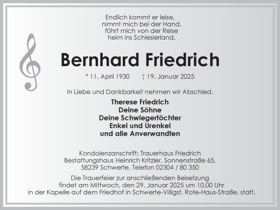 Traueranzeige von Bernhard Friedrich von Ruhr Nachrichten