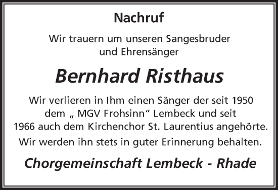 Traueranzeige von Bernhard Risthaus von Ruhr Nachrichten und Dorstener Zeitung