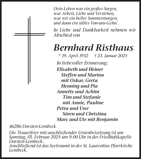 Traueranzeige von Bernhard Risthaus von Ruhr Nachrichten und Dorstener Zeitung