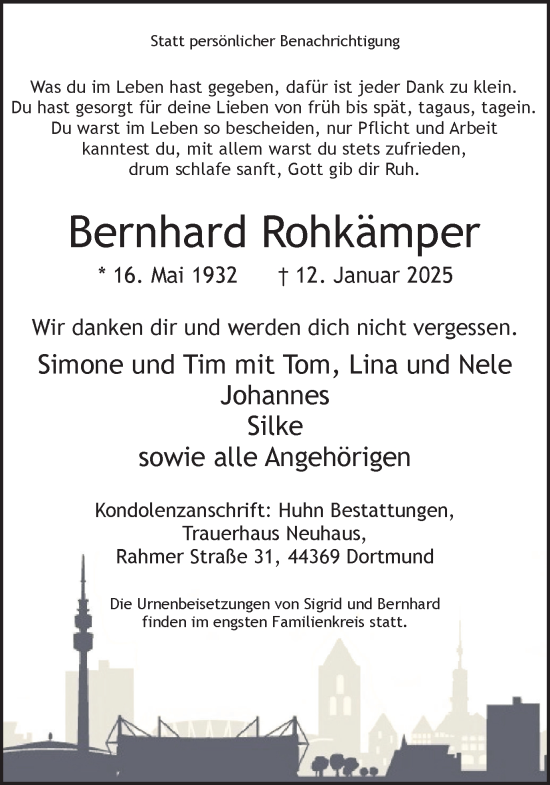 Traueranzeige von Bernhard Rohkämper von Ruhr Nachrichten