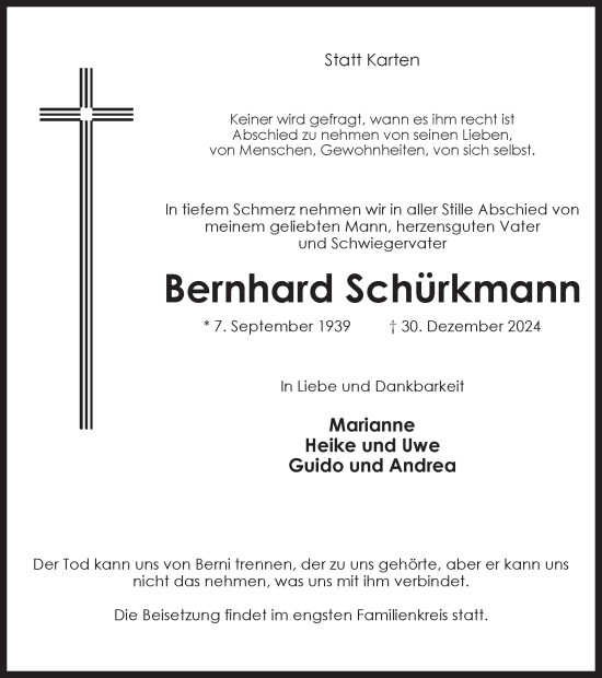 Traueranzeige von Bernhard Schürkmann von Ruhr Nachrichten