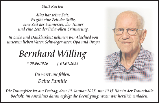 Traueranzeige von Bernhard Willing 