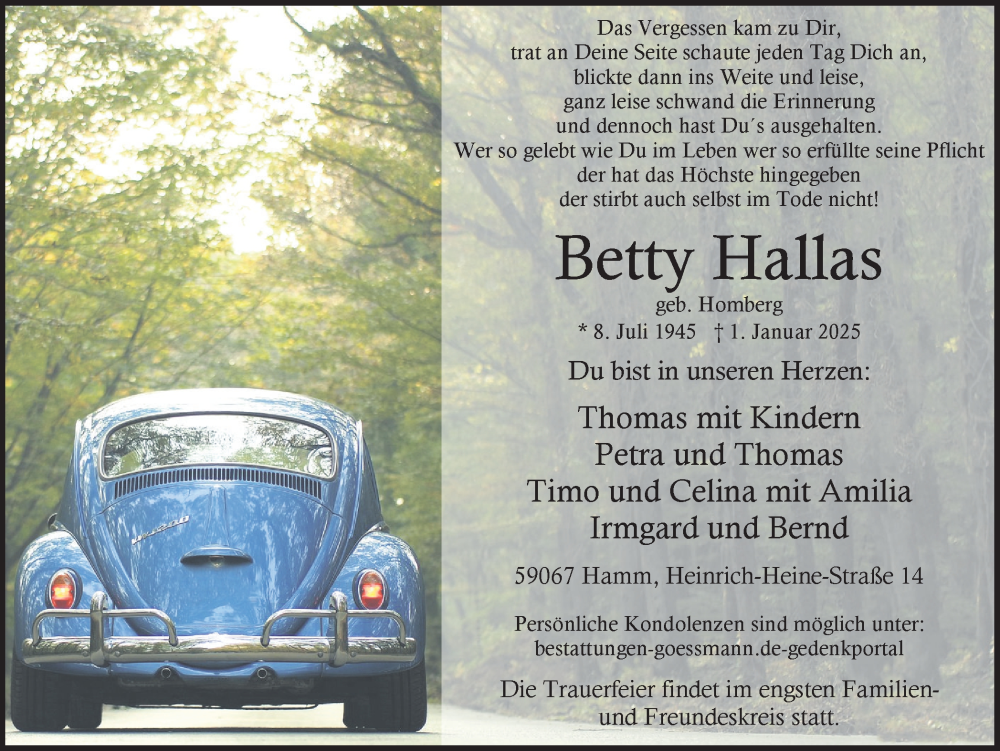  Traueranzeige für Betty Hallas vom 11.01.2025 aus Hellweger Anzeiger