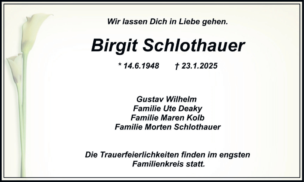  Traueranzeige für Birgit Schlothauer vom 01.02.2025 aus Trauer Vest
