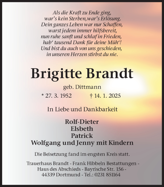 Traueranzeige von Brigitte Brandt von Ruhr Nachrichten