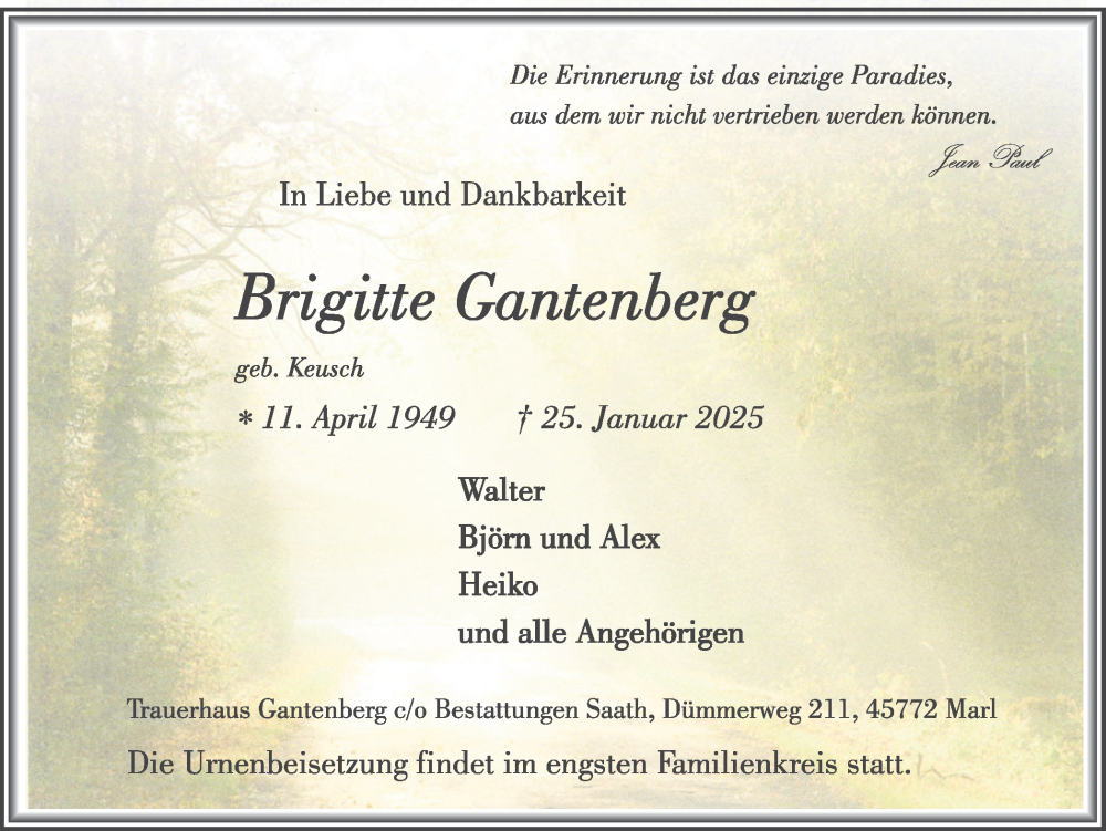  Traueranzeige für Brigitte Gantenberg vom 01.02.2025 aus Trauer Vest