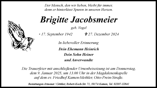 Traueranzeige von Brigitte Jacobsmeier von Hellweger Anzeiger