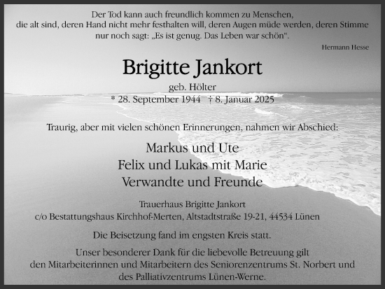 Traueranzeige von Brigitte Jankort von Ruhr Nachrichten