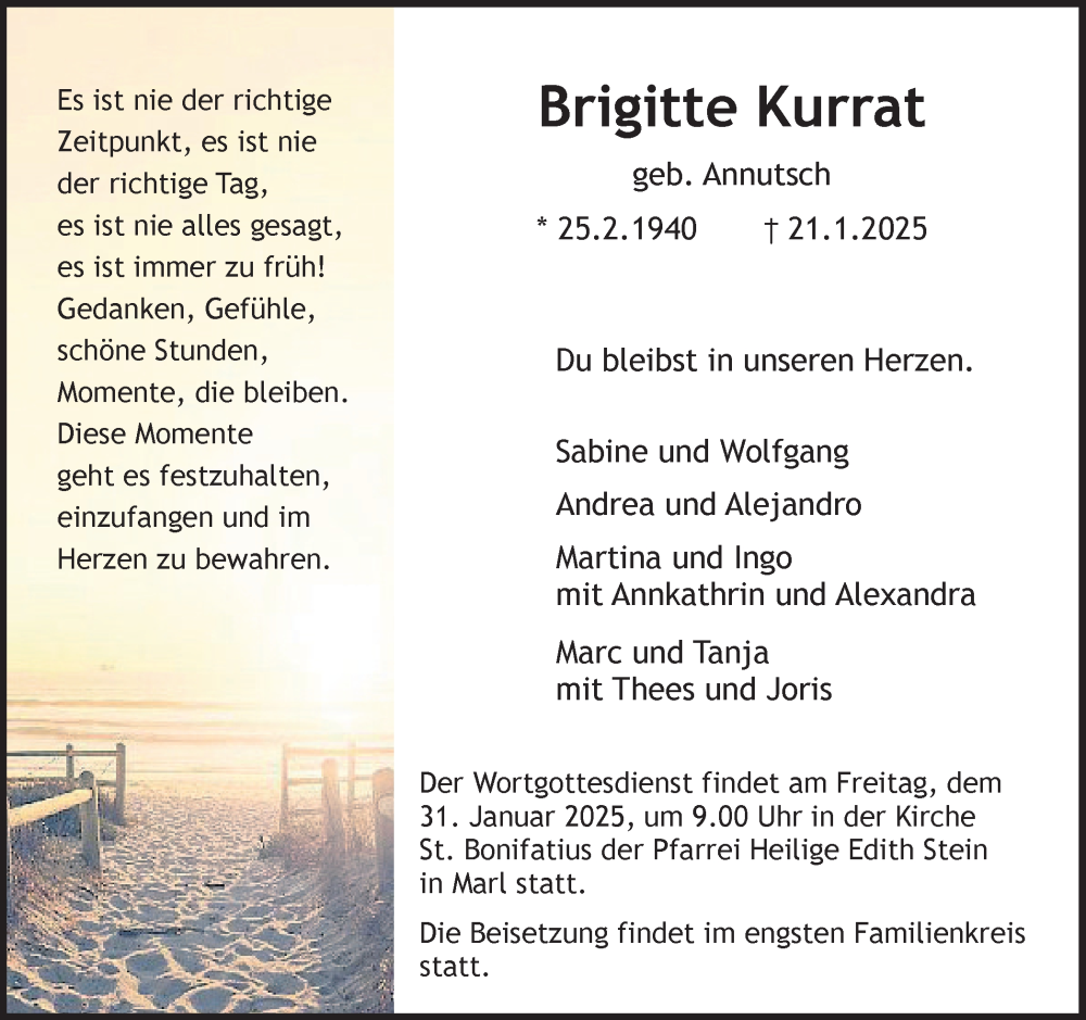  Traueranzeige für Brigitte Kurrat vom 25.01.2025 aus Trauer Vest