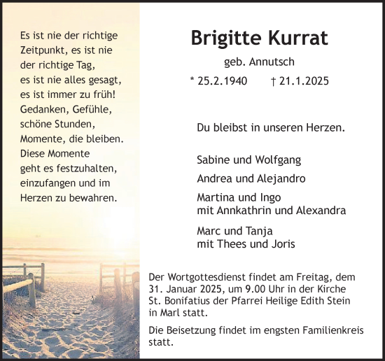 Traueranzeige von Brigitte Kurrat von Trauer Vest