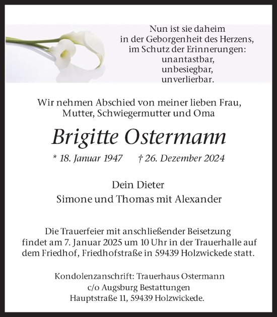 Traueranzeige von Brigitte Ostermann von Hellweger Anzeiger