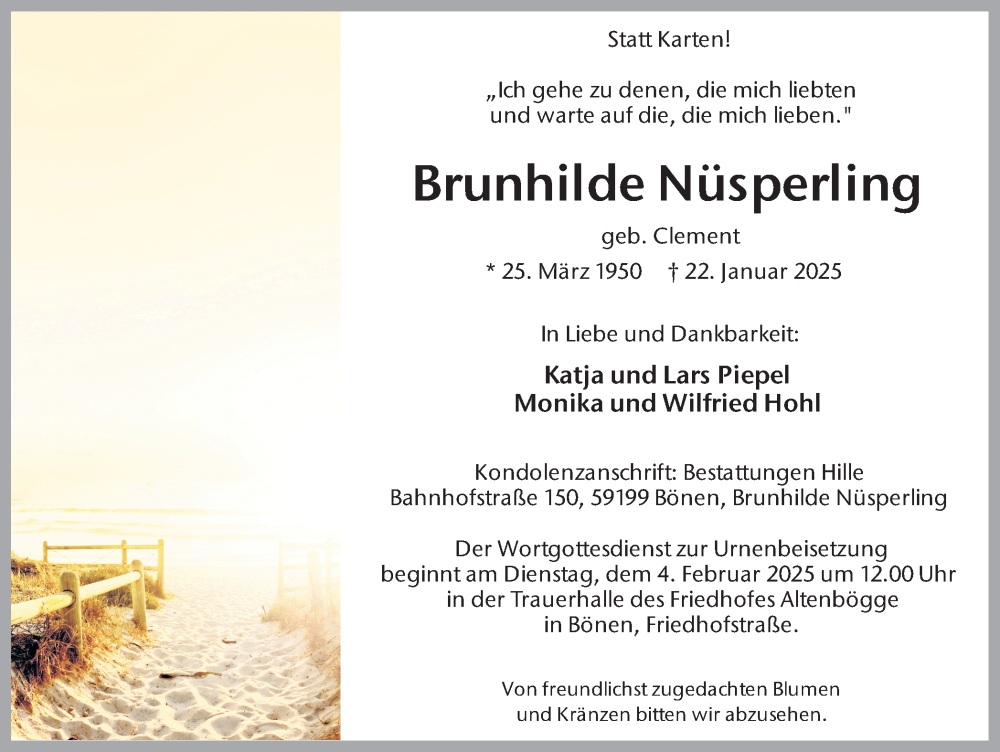  Traueranzeige für Brunhilde Nüsperling vom 01.02.2025 aus Hellweger Anzeiger