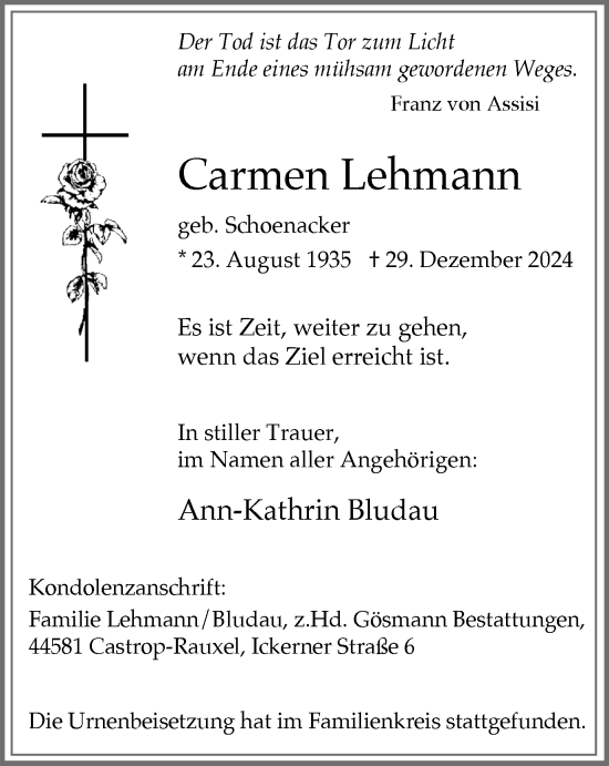 Traueranzeige von Carmen Lehmann von Stadtanzeiger Castrop-Rauxel