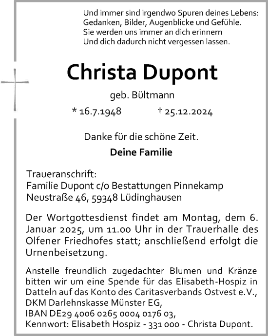 Traueranzeige von Christa Dupont von Ruhr Nachrichten