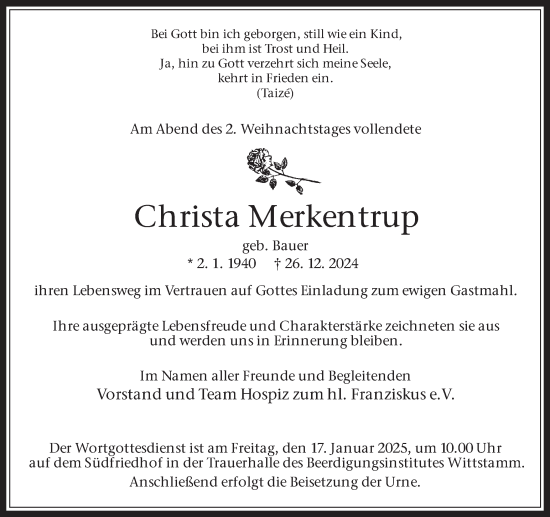 Traueranzeige von Christa Merkentrup von Trauer Vest