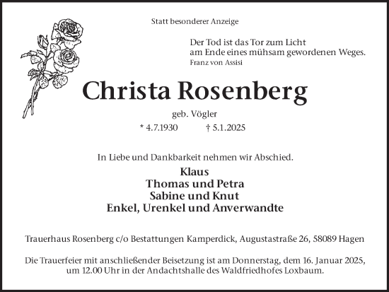 Traueranzeige von Christa Rosenberg von Ruhr Nachrichten