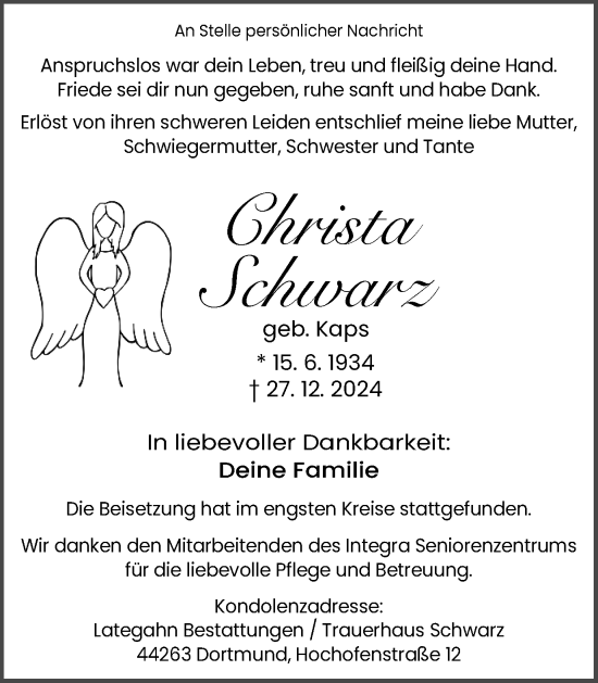 Traueranzeige von Christa Schwarz von Ruhr Nachrichten