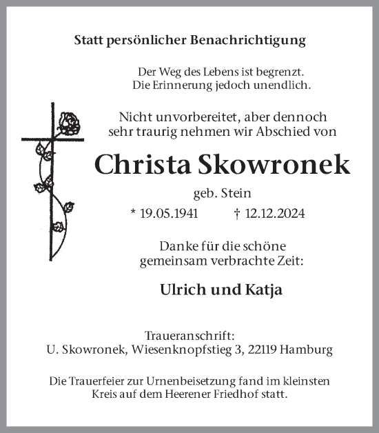 Traueranzeige von Christa Skowronek von Hellweger Anzeiger