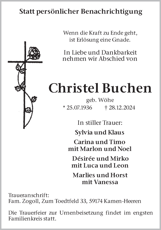 Traueranzeige von Christel Buchen von Hellweger Anzeiger