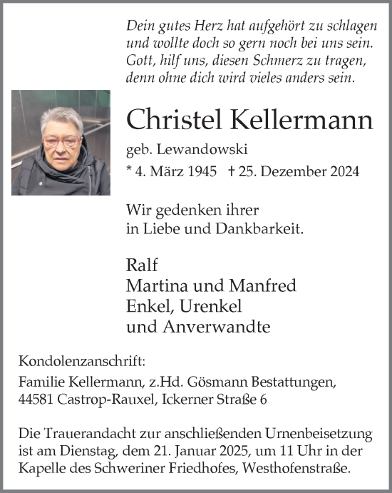 Traueranzeige von Christel Kellermann von Stadtanzeiger Castrop-Rauxel