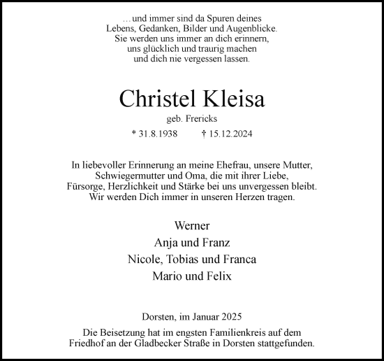 Traueranzeige von Christel Kleisa von Ruhr Nachrichten und Dorstener Zeitung