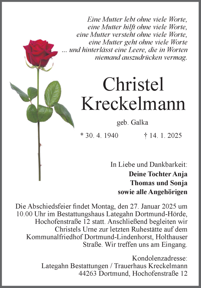  Traueranzeige für Christel Kreckelmann vom 25.01.2025 aus Ruhr Nachrichten