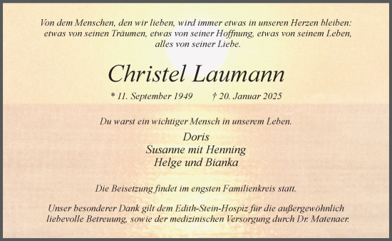 Traueranzeige von Christel Laumann 
