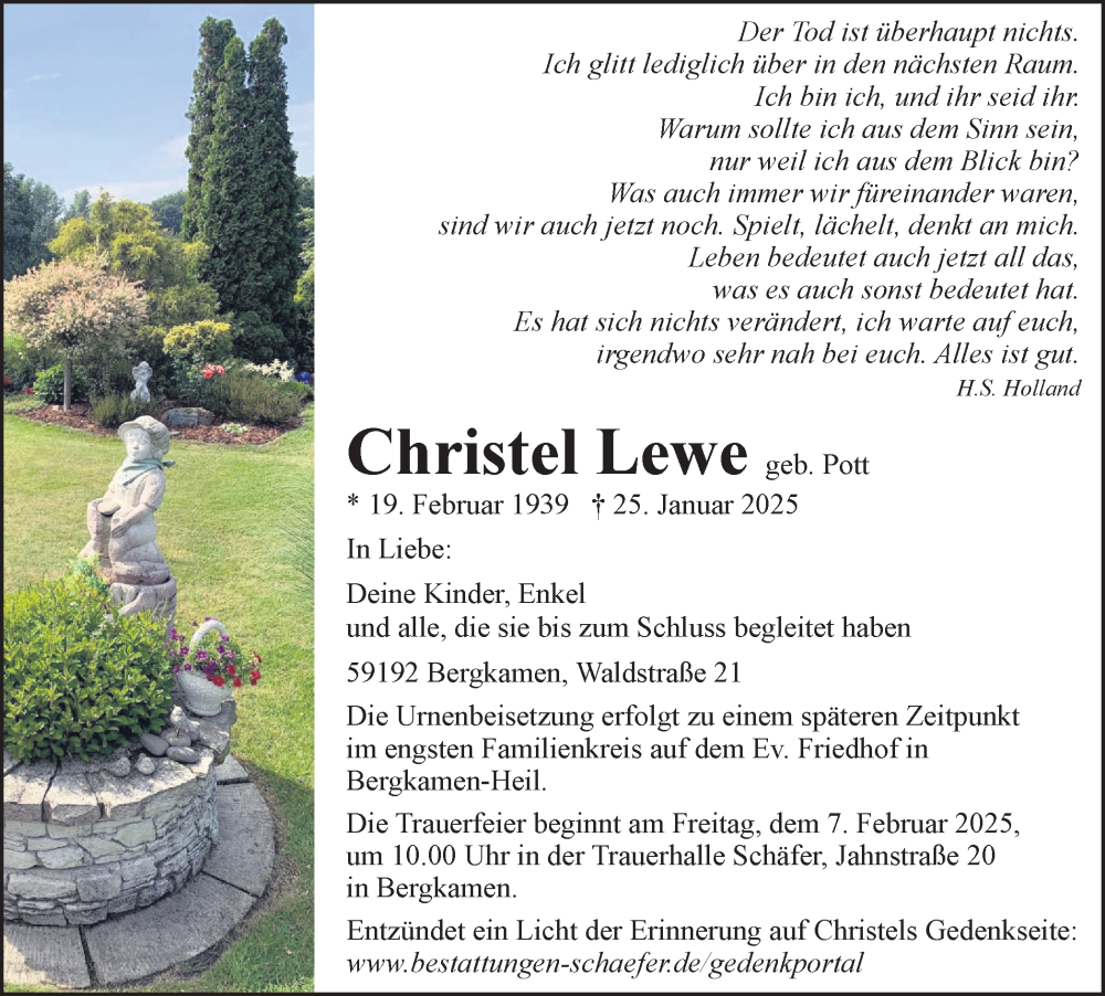  Traueranzeige für Christel Lewe vom 01.02.2025 aus Hellweger Anzeiger