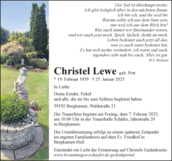 Traueranzeige von Christel Lewe von Hellweger Anzeiger