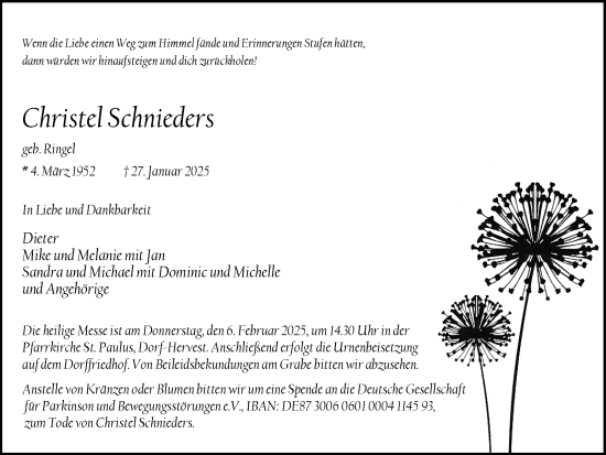 Traueranzeige von Christel Schnieders von Ruhr Nachrichten und Dorstener Zeitung