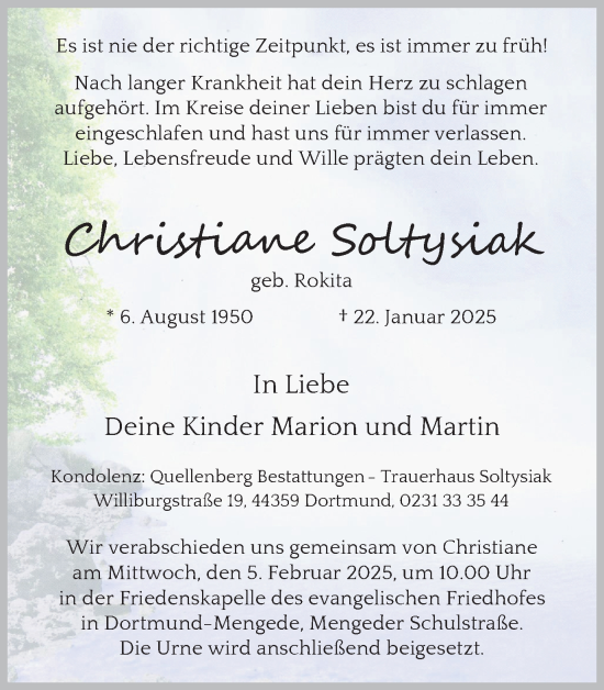 Traueranzeige von Christiane Soltysiak von Ruhr Nachrichten