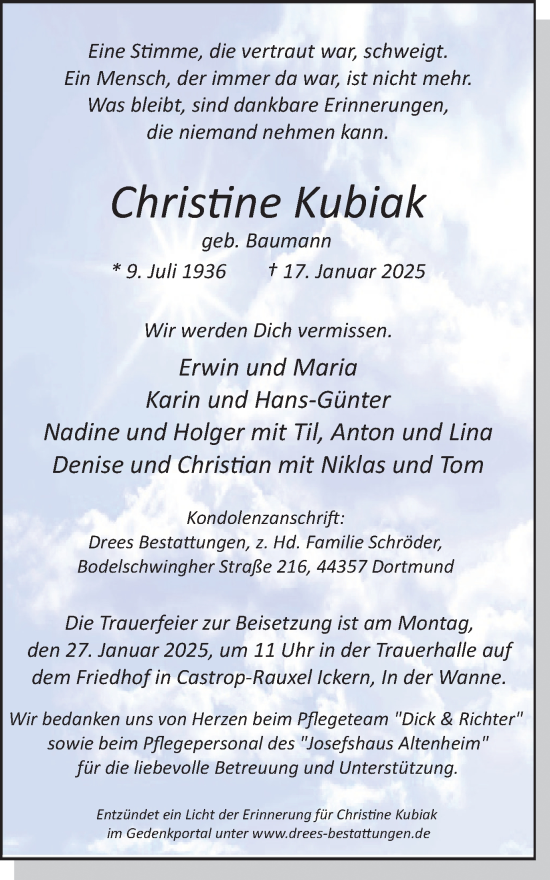 Traueranzeige von Christine Kubiak von Stadtanzeiger Castrop-Rauxel