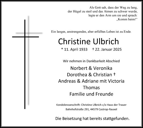 Traueranzeige von Christine Ulbrich von Stadtanzeiger Castrop-Rauxel