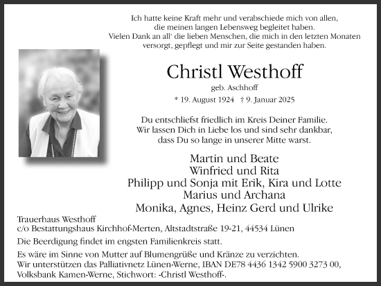 Traueranzeige von Christl Westhoff von Ruhr Nachrichten