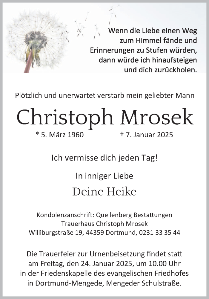  Traueranzeige für Christoph Mrosek vom 18.01.2025 aus Trauer Vest