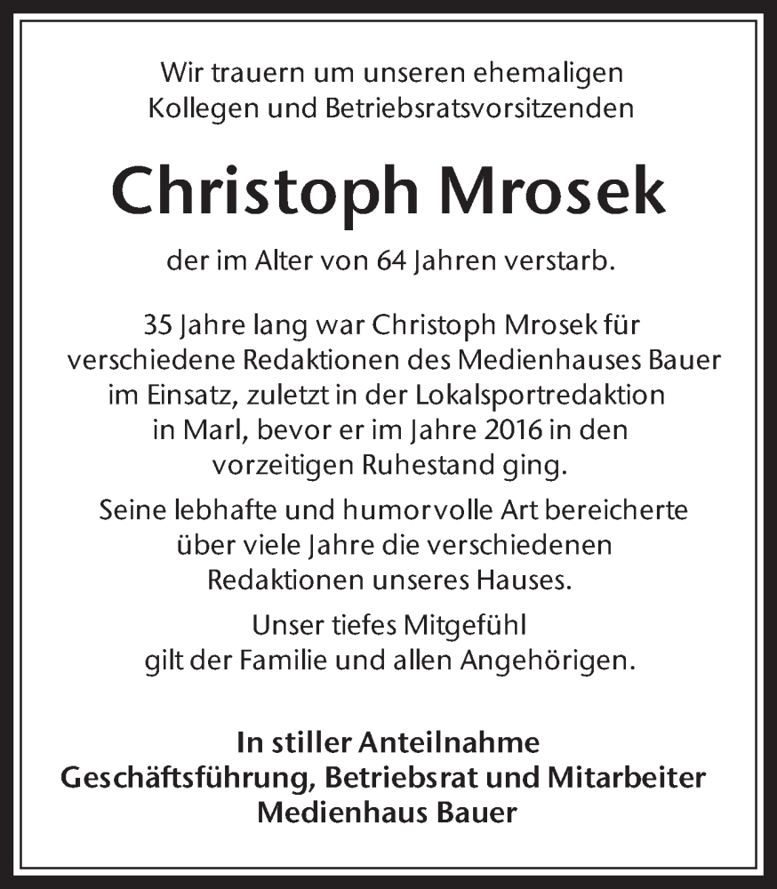  Traueranzeige für Christoph Mrosek vom 18.01.2025 aus Trauer Vest
