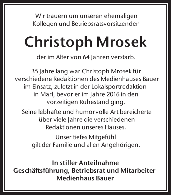 Traueranzeige von Christoph Mrosek von Trauer Vest