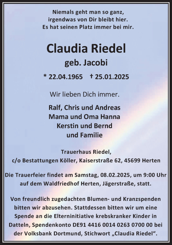 Traueranzeige von Claudia Riedel von Trauer Vest