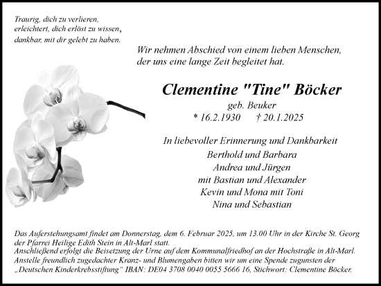 Traueranzeige von Clementine Böcker von Trauer Vest