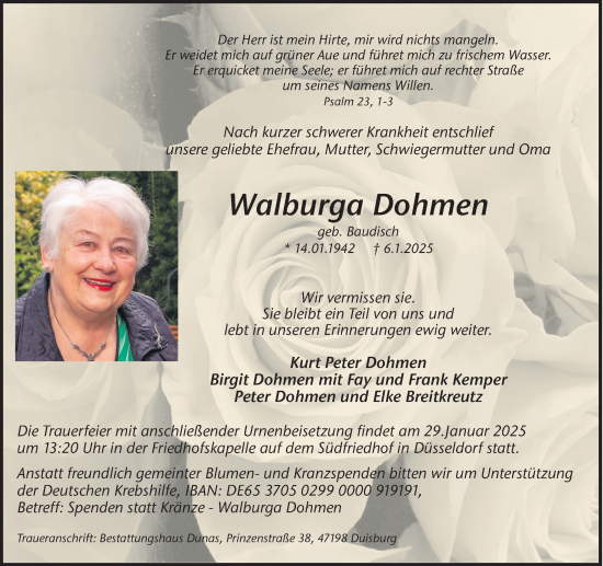 Traueranzeige von Walburga Dohmen  von Ruhr Nachrichten