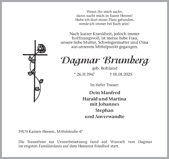 Traueranzeige von Dagmar Brumberg von Hellweger Anzeiger