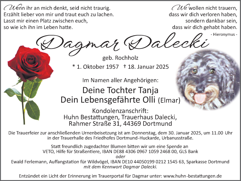  Traueranzeige für Dagmar Dalecki vom 25.01.2025 aus Ruhr Nachrichten
