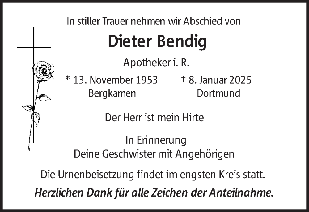  Traueranzeige für Dieter Bendig vom 18.01.2025 aus Hellweger Anzeiger